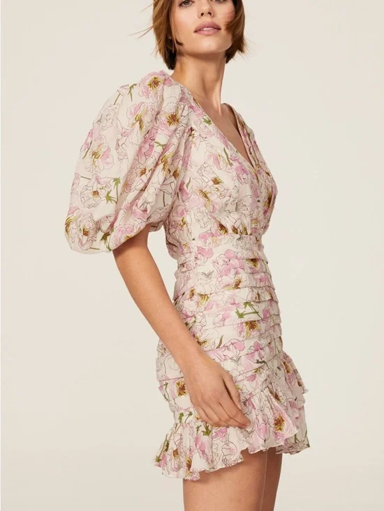 Sau Lee Posey Puff Sleeve Floral Pastel Pink Ruched Mini Dress Size US 8 - Picture 9 of 16